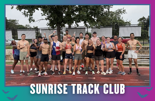 A diverse group of runners in athletic gear poses together and smiles on a wet outdoor track in South Austin, celebrating the start of KickOff Week. The image reads “SUNRISE TRACK CLUB” at the bottom with a blue-to-purple gradient border, capturing the energy of this welcoming group run. Austin Marathon Half Marathon & 5K