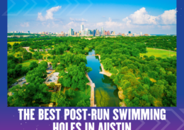 Aerial view of Barton Springs Pool surrounded by green trees, with the Austin skyline in the background and text: “The best post-run swimming holes in Austin.”. Austin Marathon Half Marathon & 5K