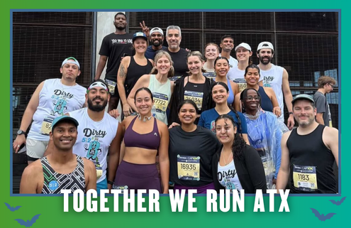 A diverse group of runners in athletic gear pose together and smile for a photo after a Group Run during KickOff Week. Text at the bottom reads, “TOGETHER WE RUN ATX.” The image has a green and blue border with small bat graphics. Austin Marathon Half Marathon & 5K
