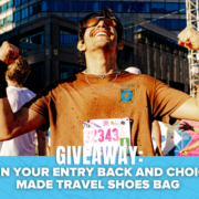 A smiling runner flexes his arms at a race finish line, wearing sunglasses and a medal. Text reads: “GIVEAWAY: WIN YOUR ENTRY BACK, WIN RUNNING SHOES FROM FLEET FEET, AND CHOICE MADE TRAVEL SHOES BAG.”. Austin Marathon Half Marathon & 5K