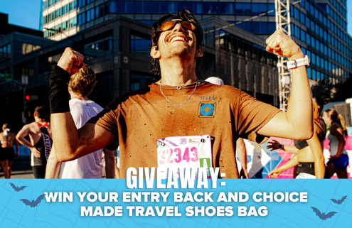 A smiling runner flexes his arms at a race finish line, wearing sunglasses and a medal. Text reads: “GIVEAWAY: WIN YOUR ENTRY BACK, WIN RUNNING SHOES FROM FLEET FEET, AND CHOICE MADE TRAVEL SHOES BAG.”. Austin Marathon Half Marathon & 5K