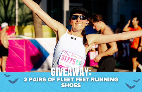 A smiling runner with arms raised wears a race bib and sunglasses at an outdoor event. Text on image reads: “GIVEAWAY: 2 PAIRS OF FLEET FEET RUNNING SHOES.” Don’t miss your chance to enter the Spibelt contest for a chance to win Spibelt gear along with this amazing giveaway!. Austin Marathon Half Marathon & 5K
