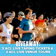 Runners in a race smile and jog outdoors. A blue banner at the bottom reads: “GIVEAWAY: 2 ACL LIVE TAPING TICKETS & 2 ACL LIVE VENUE TOURS” with small bat icons in the corners, inviting you to enter for your chance to win this exciting giveaway. Austin Marathon Half Marathon & 5K