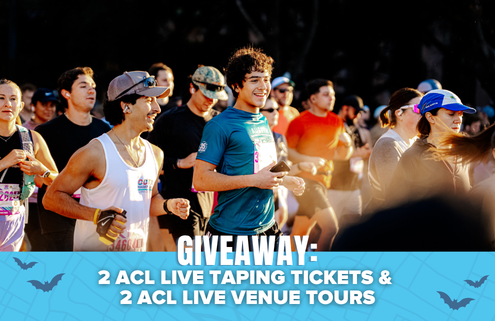 Runners in a race smile and jog outdoors. A blue banner at the bottom reads: “GIVEAWAY: 2 ACL LIVE TAPING TICKETS & 2 ACL LIVE VENUE TOURS” with small bat icons in the corners, inviting you to enter for your chance to win this exciting giveaway. Austin Marathon Half Marathon & 5K