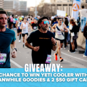 Runners in a city marathon pass spectators; giveaway text at bottom offers a chance to win a Yeti cooler, Meanwhile goodies, two $50 gift cards, and exclusive film passes to the Paramount Theatre. Austin Marathon Half Marathon & 5K