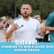 A man running in a race with others, making a shaka hand gesture. Text below reads: “GIVEAWAY: 3 CHANCES TO WIN A GOOD GOOD GOODIE PACKS and an LSKD Running Kit,” with a blue background and bat graphics. Austin Marathon Half Marathon & 5K