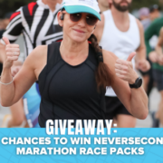 A woman in athletic gear runs in a marathon, smiling and giving two thumbs up. The text on the image reads: “GIVEAWAY: 4 CHANCES TO WIN NEVERSECOND MARATHON RACE PACKS AND AN LSKD RUNNING KIT.”. Austin Marathon Half Marathon & 5K