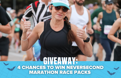 A woman in athletic gear runs in a marathon, smiling and giving two thumbs up. The text on the image reads: “GIVEAWAY: 4 CHANCES TO WIN NEVERSECOND MARATHON RACE PACKS AND AN LSKD RUNNING KIT.”. Austin Marathon Half Marathon & 5K