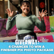 A smiling runner raises her hands at a race finish line. Text at the bottom reads: “GIVEAWAY: 4 CHANCES TO WIN A FINISHER PIX PHOTO PACKAGE.” Multicolored banners and bats decorate the background, adding festive flair to this exciting chance to win. Austin Marathon Half Marathon & 5K