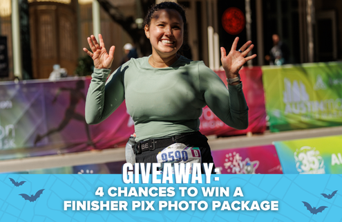 A smiling runner raises her hands at a race finish line. Text at the bottom reads: “GIVEAWAY: 4 CHANCES TO WIN A FINISHER PIX PHOTO PACKAGE.” Multicolored banners and bats decorate the background, adding festive flair to this exciting chance to win. Austin Marathon Half Marathon & 5K
